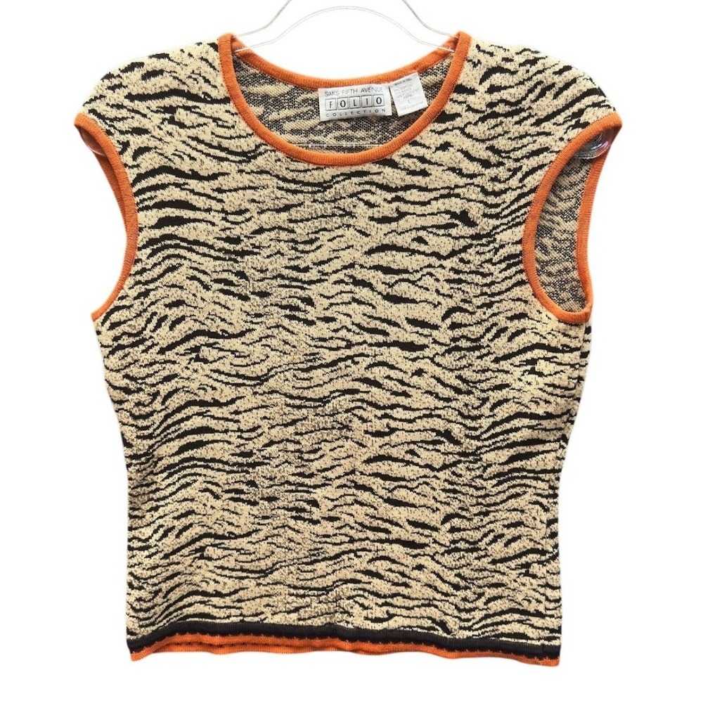 Saks Fifth Avenue Folio Collection Sweater Vest Women L Tan Animal Print Knit